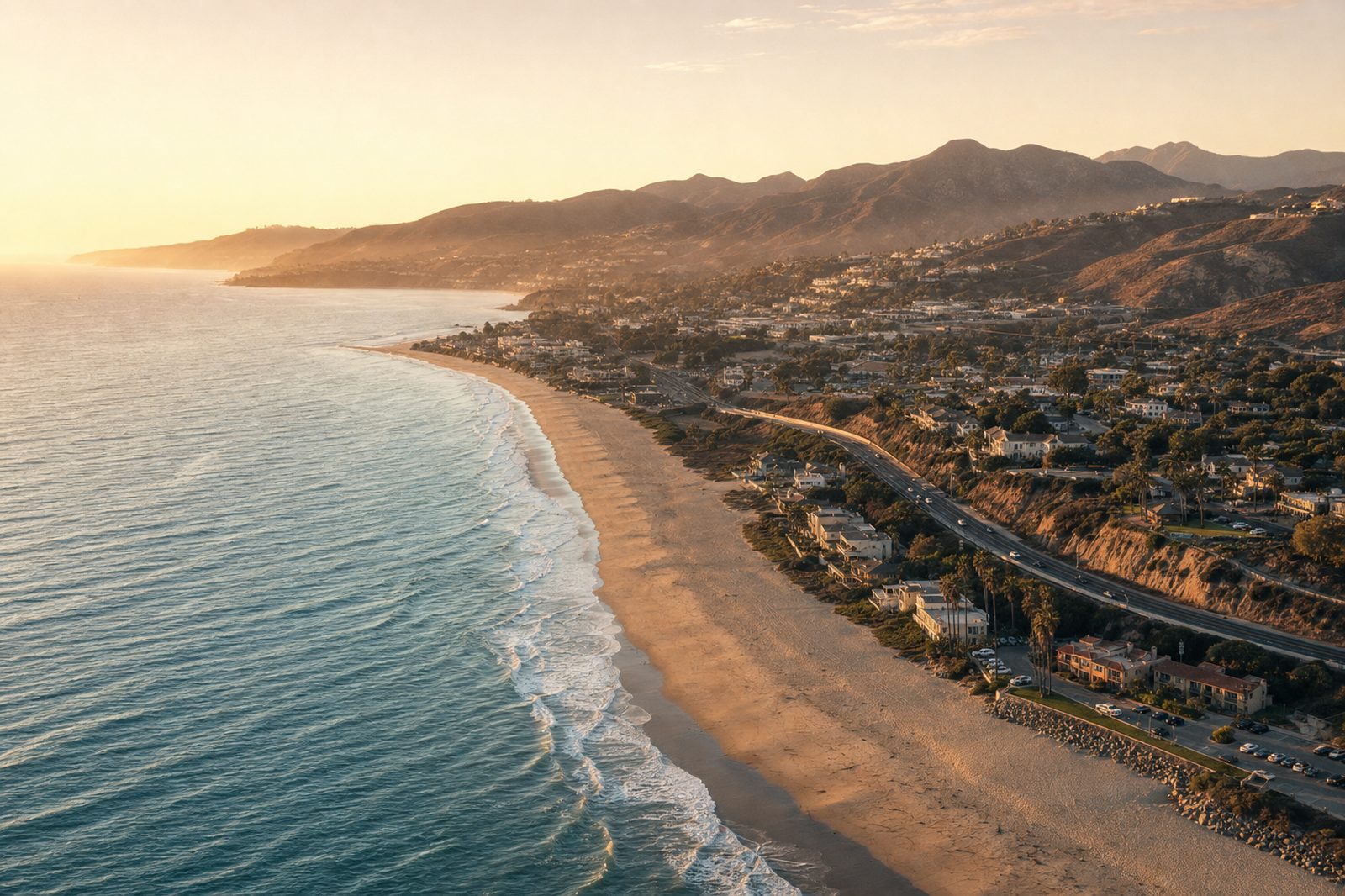 Aerial view of the Southern California coastline at golden hour, with beach, coast highway and mountains